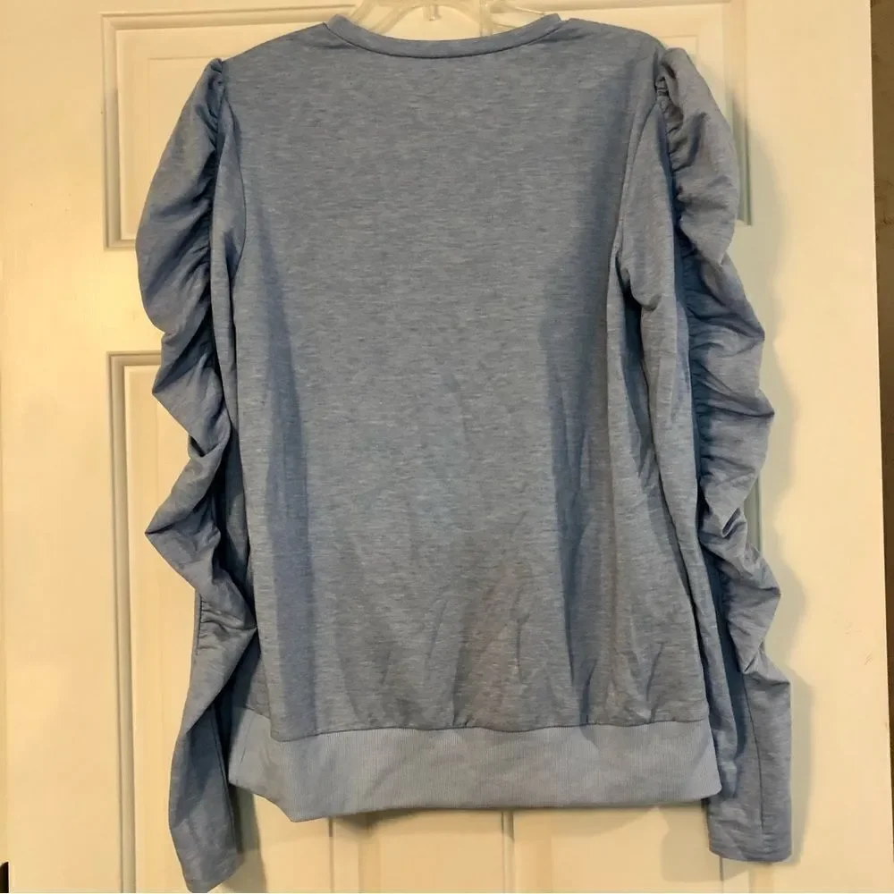 Ruched, Ruffle Long Sleeve Top, Light Blue Size Small - Picture 3 of 10